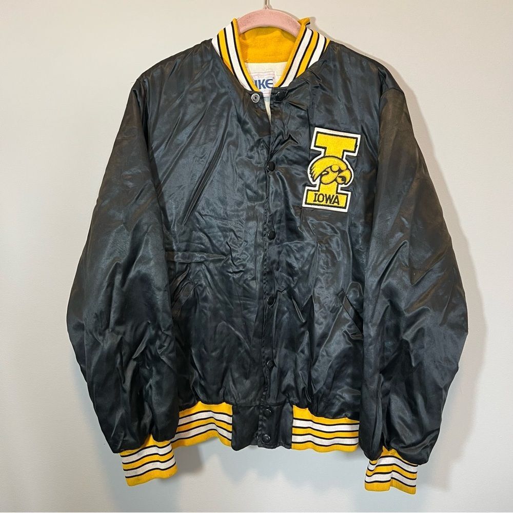 Vintage Iowa Hawkeyes Satin Bomber Jacket Bike Black Gold Medium